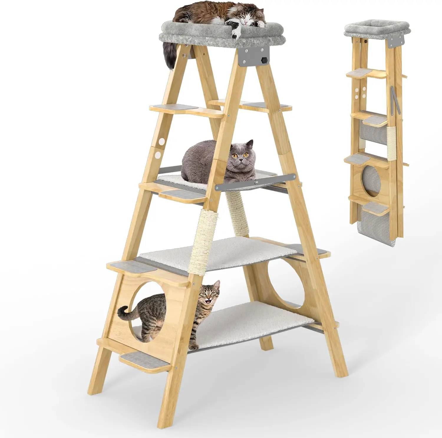 Modern Wood Cat Tree Foldable Ladder Design with Cat Hammock & Sisal Scratch Post, Solid Wood Tall Cat Tower for Large Cat Easy