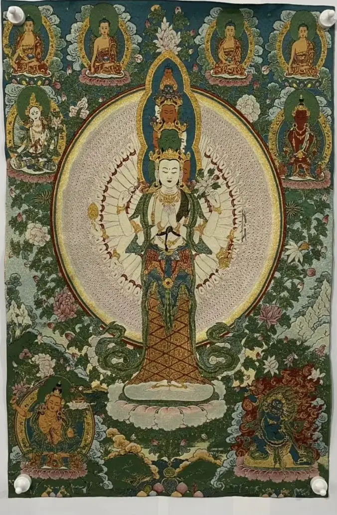

35"Thangka Embroidery Tibetan Buddhism silk Embroidery 1000 arm Guanyin Avalokitesvara Thangka hanging screen Town house