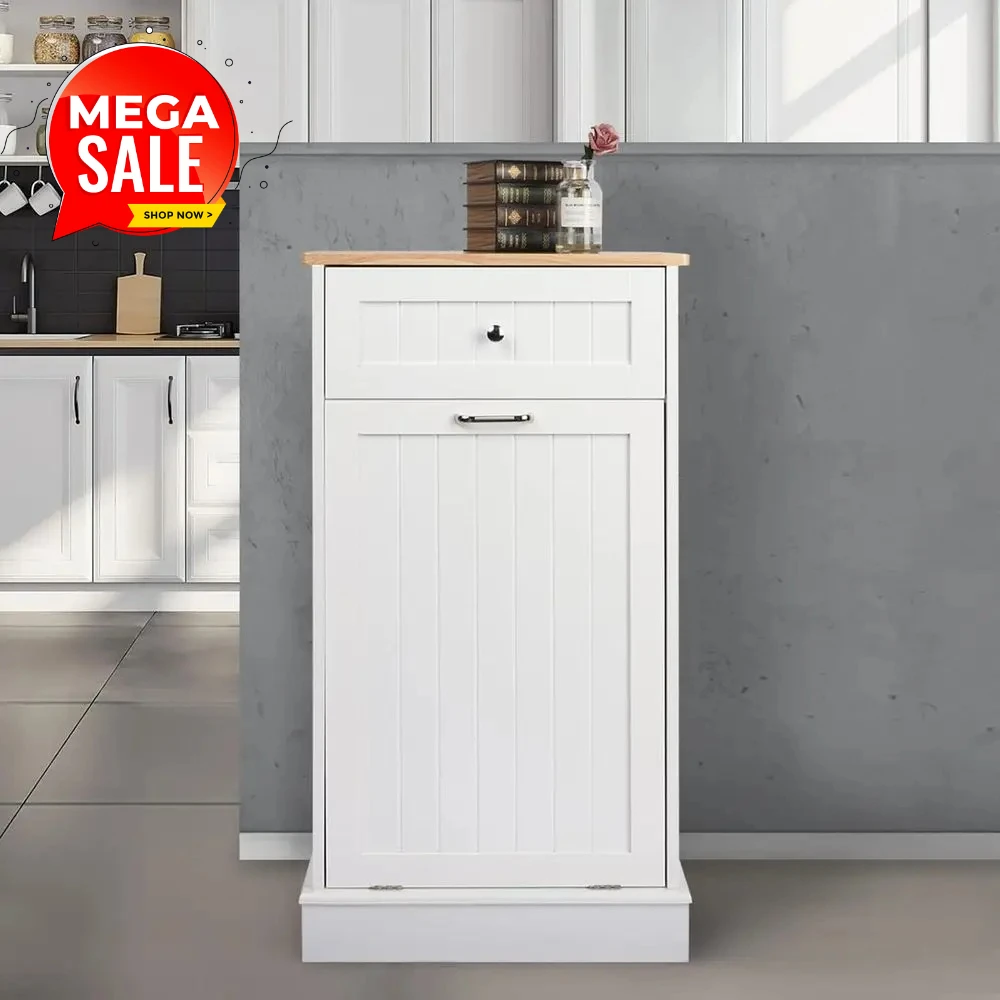

Vintage-Inspired Wooden Kitchen Island with Solid Wood Top and Built-In Waste Bin, White Single-Door Laundry Cabinet