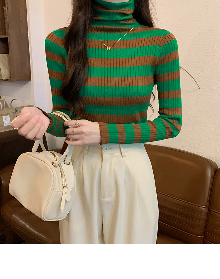 Women's High-Necked Striped Undershirt Sweater