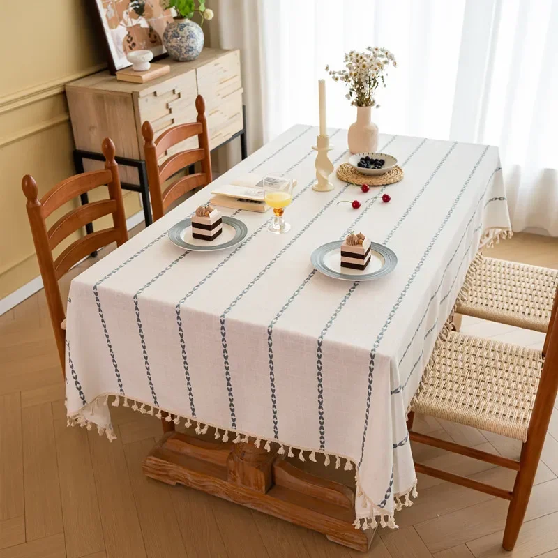 Nordic Braid Striped Tassel Tablecloth Ins-Style Dust-Proof Table Cover for Party Rectangular Anti-Wear Dining Table Decoration