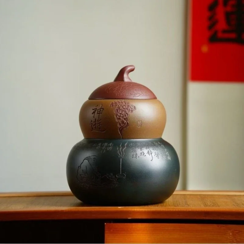 gourd tea can, large sealed can, high-end waking tea can, two-color double-layer, hand-carved storage tank