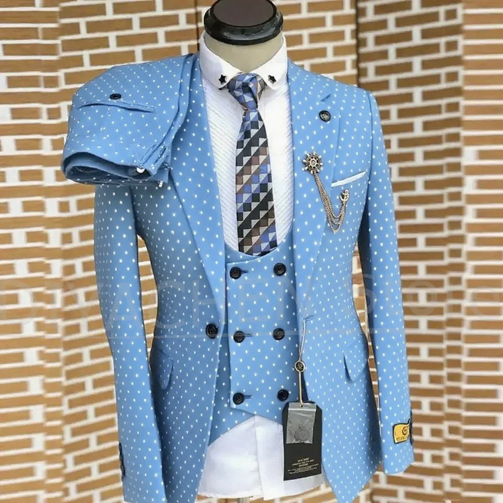 Fashion Dot Suits for Men Navy Blue Chic Notch Lapel Male Blazer Set Formal Casual Wedding Tuxedo 3 Piece (Jacket+Vest+Pants)