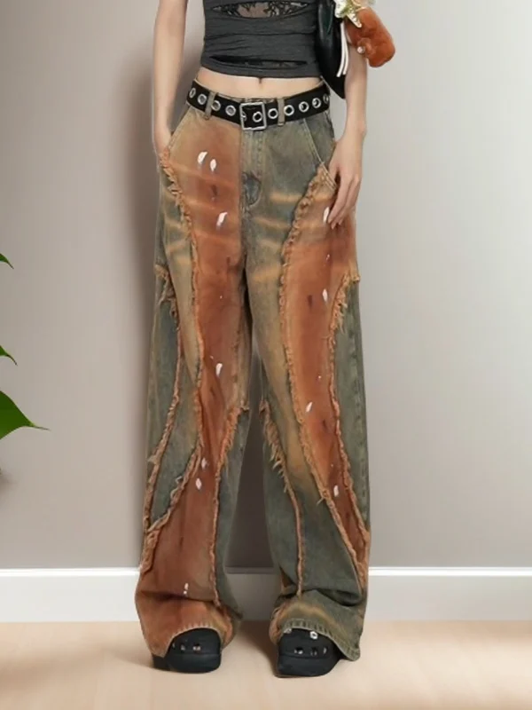 

Модные женские джинсы с высокой талией и широкими штанинами, в уличном стиле, с эффектом потертости, с рваным краем, в стиле колор-блок, весна-лето, повседневные джинсы