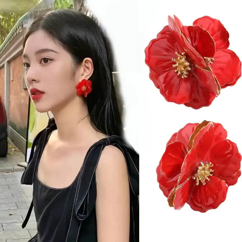 

Fashion Charming Large Red Flowers Earrings For Women Personality Etrendy New Hot Sexy Pendientes