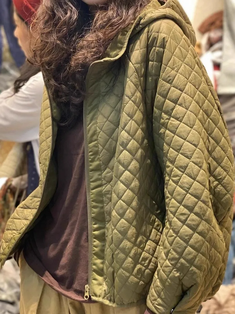 

Fall Winter Casual Large Size Quilted Hooded Zipper Top Artistic Diamond Silk Cotton Thin Outerwear Women's Jaet Coat