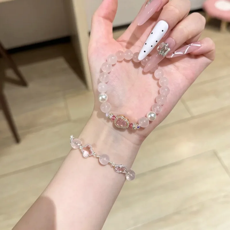 2026 New Natural Rose Quartz Beaded Bracelets For Women Cute Gourd Four Leaf Clover Charm Bracelet For Daily Wear Party Dating