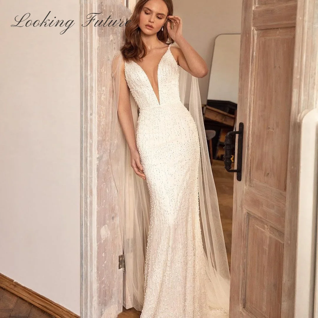 

Shining Sleeveless V Neck Luxury Wedding Dress Glitter Deep Backless Beading Sequined Bridal Gown Morden Vestido de Novia 2024