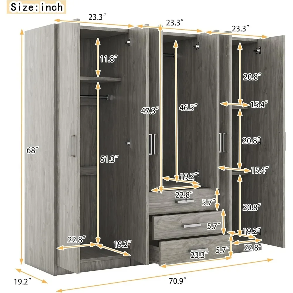 Wooden Wardrobe 6-Doors With Three Storage Shelves And Lockable Drawers, Freestanding High Armoire W/ 3 Hanging Rods,Gray|