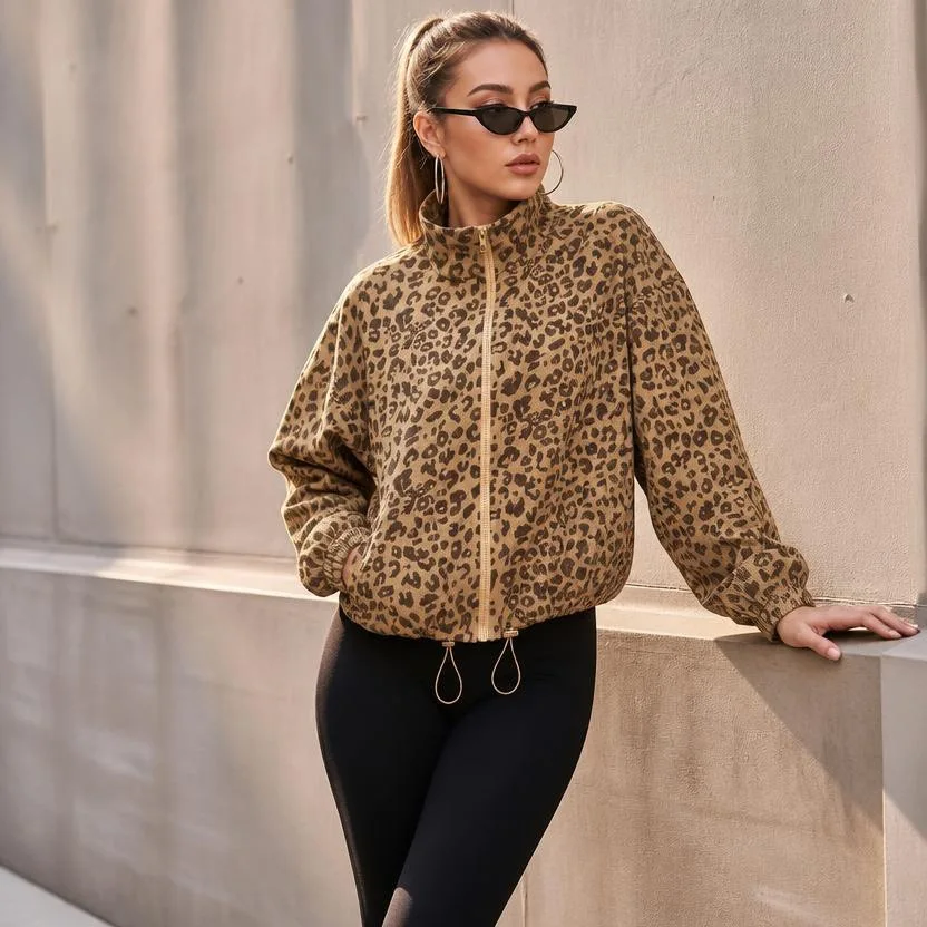 Women Leopard Print Corduroy Jacket Stand Collar Zip Long Sleeve Cropped Coat Drawstring Hem Loose Casual Pockets Outerwear