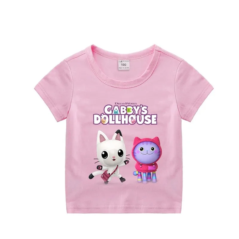 Gabby Dollhouse T-shirt for Children Girl Cartoon Cotton Tees Anime Summer Top Themed Birthday Clothes O-neck Short Sleeve Gift