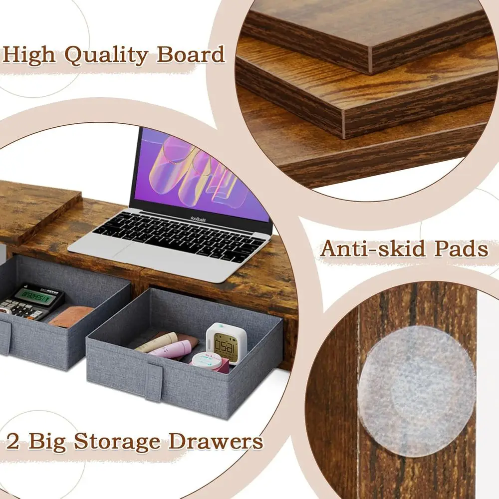 Adjustable Dual Monitor Stand with Storage Drawers, White Desk Organizer for 2 Screens/Laptops, Wood TV Stand (Brown)