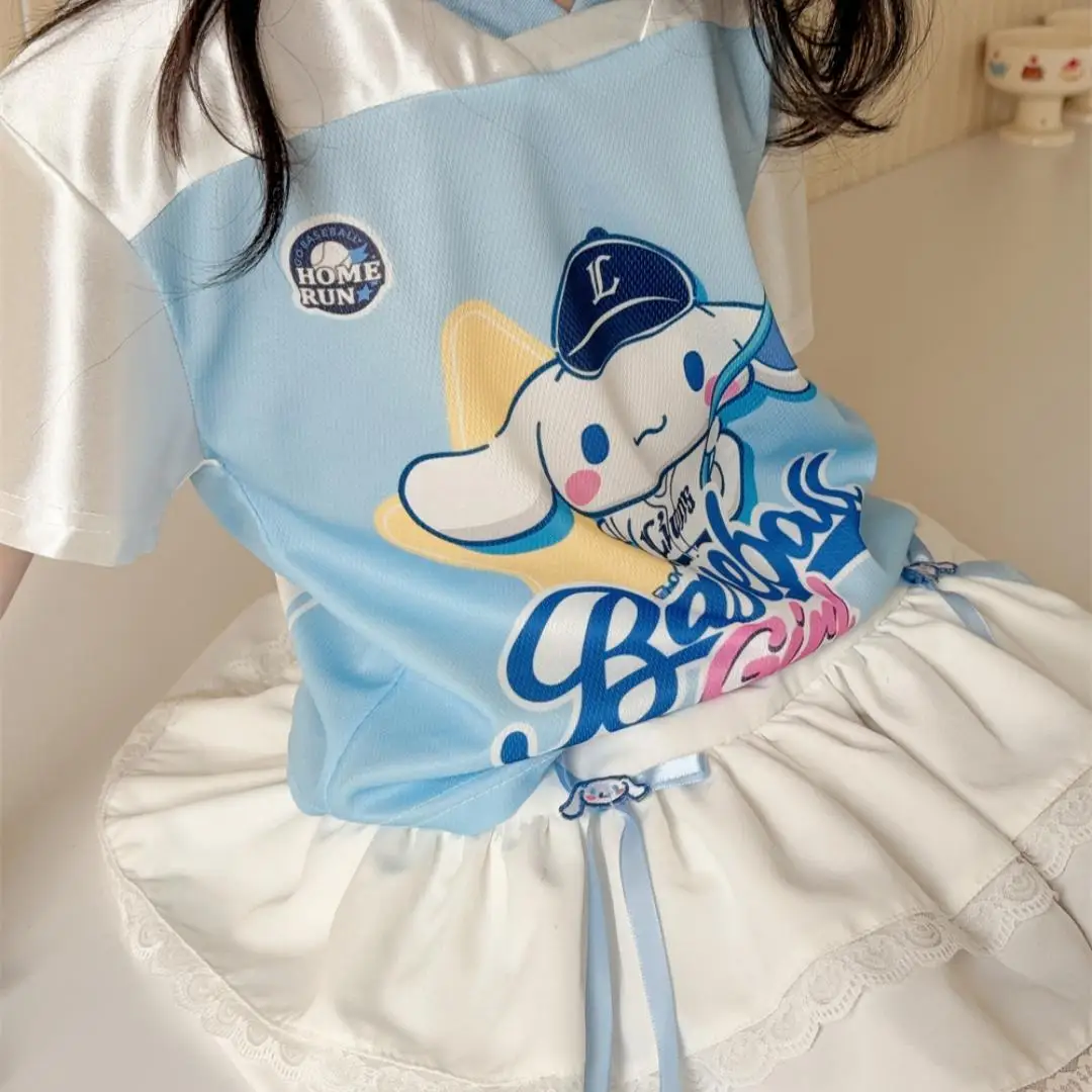 2025 Women's Summer Short sleeved T-shirt Children's Cartoon Cinnamoroll Short sleeved Sweet Cool American Sanrio Baseball Shirt