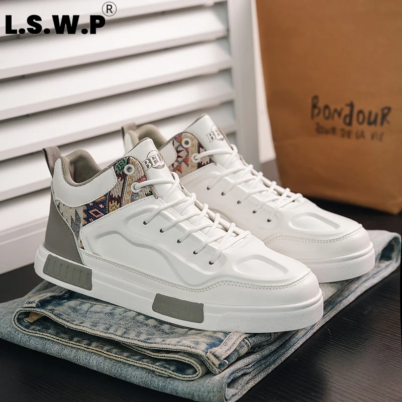 Men's Running Shoes, Men's Retro Ethnic Style High-Top Casual Sneakers, Pu Leather Color-Blocking Trendy Men's Shoes, Wear-Resistant Rubber Thick-Soled Mid-Top Sneakers, Versatile Street Style Commuter Sports Casual Shoes for Men