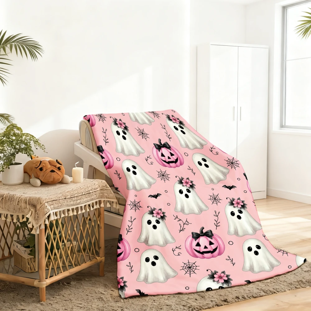 1pc Pink Ghost Pumpkin Spider Web Print Flannel Blanket Soft Comfortable Warm Bed Cover Autumn Winter Season Home Bedroom Sofa Halloween Thanksgiving Christmas Festival Gift