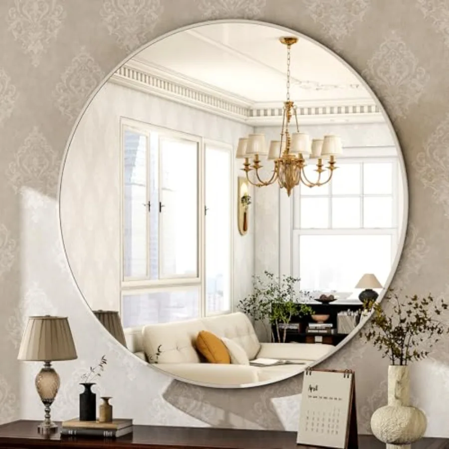 

Round Mirror 30" Wall Mounted Circle Mirrors Vanity Mirror with Brushed Aluminum Alloy Frame Modern Decoration for Bathroom, Li