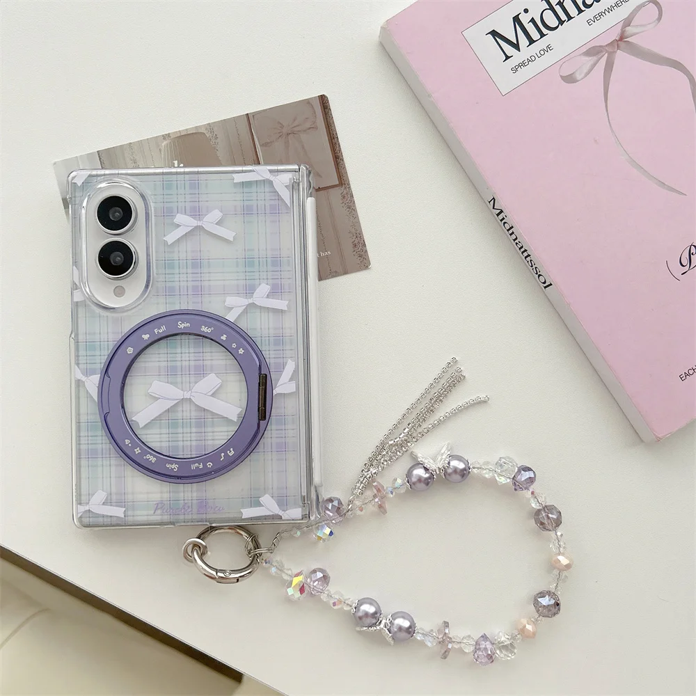 Korean Checkered bow tie Magnetic For Magsafe Rotate Holder Phone case for Samsung Galaxy Z Fold 8 Cover With Chain Cases Capa