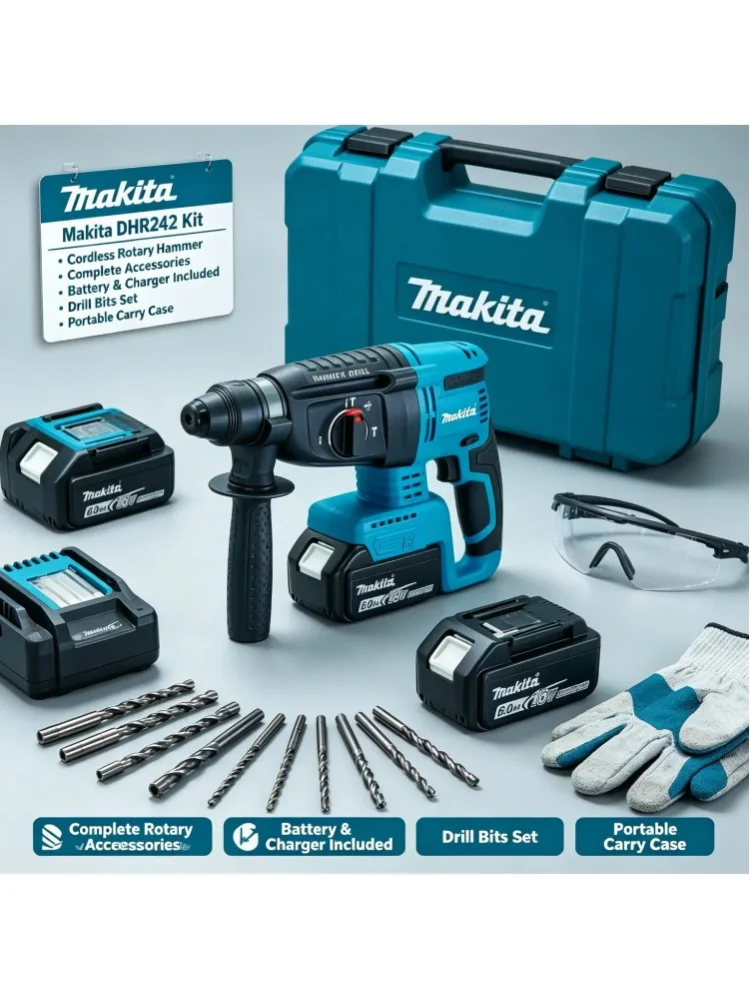 Original Makita DHR242 18V Hochleistungs-Bohrhammer, 13,5 m/s² fein kalibrierte Vibrationsleistung, komfortable Handhabung für anhaltende Bohrarbeiten sowohl für Heimwerker als auch für Profis.