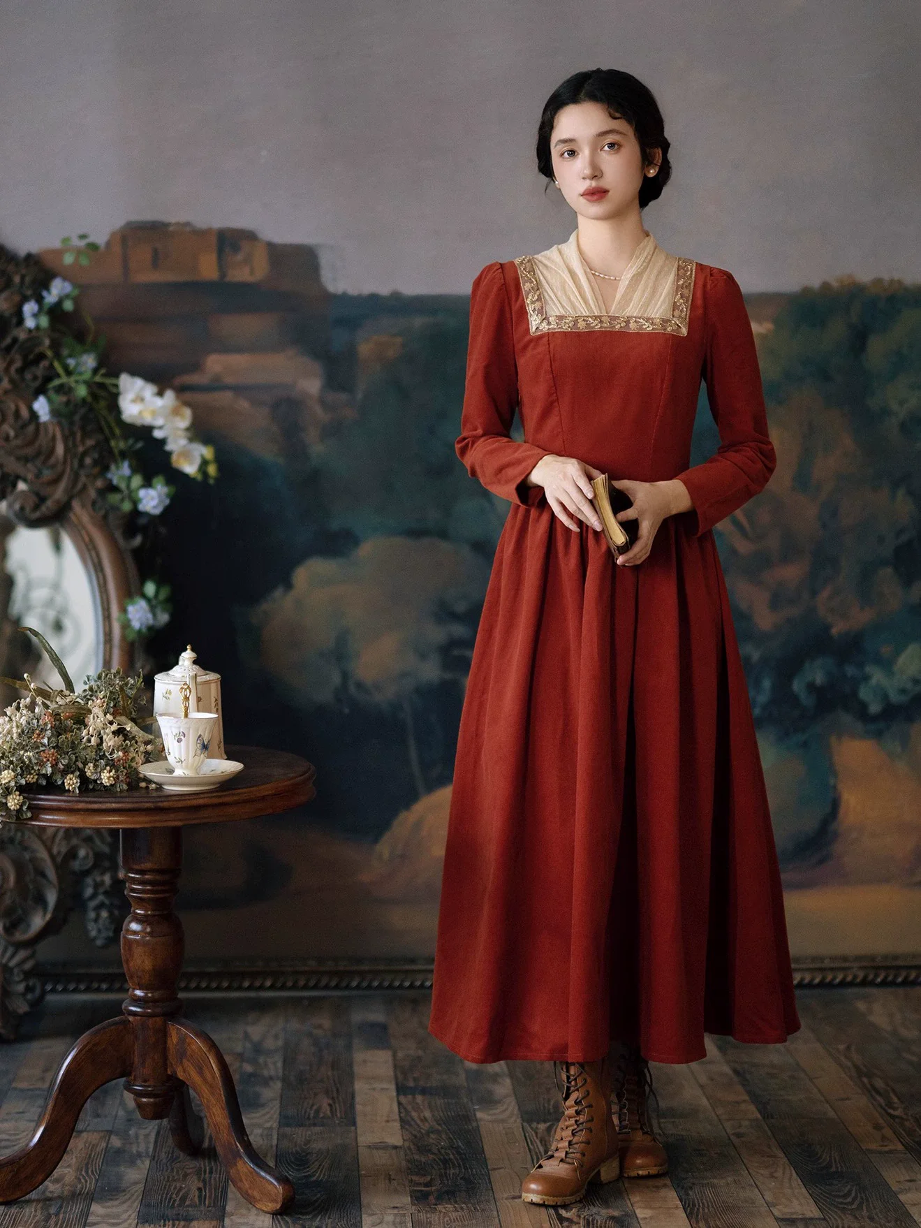 84-96cm Bust Spring Autumn Women Romantic Vintage Square Style Embroidered Patchwork Red Corduroy Cotton Dresses