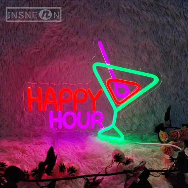 Happy Hour Neon Sign Cocktails 5V USB LED Light, Wall Decor Bedroom, Beer Bar, Hotel Party, Club, Office Dance Art, Night Lights