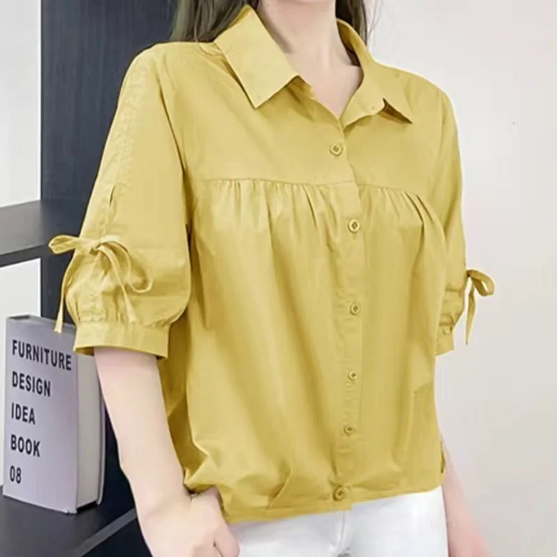 Korean Chiffon Bow Shirt Short-Sleeved Women's 2024 Summer New Coat Western Style Thin Lace-UP Blouse Fashion Loose Top Female