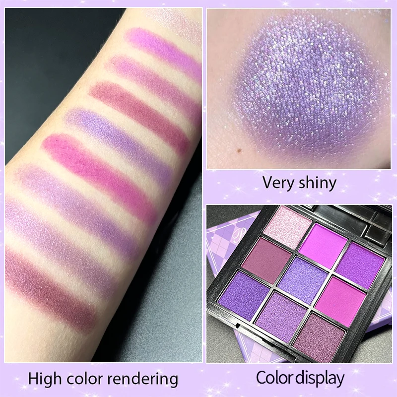 Paleta de sombras foscas roxas de 9 cores, maquiagem para olhos esfumaçados, cosplay, maquiagem de palco violeta, sombra perolada fosca de nove quadrados