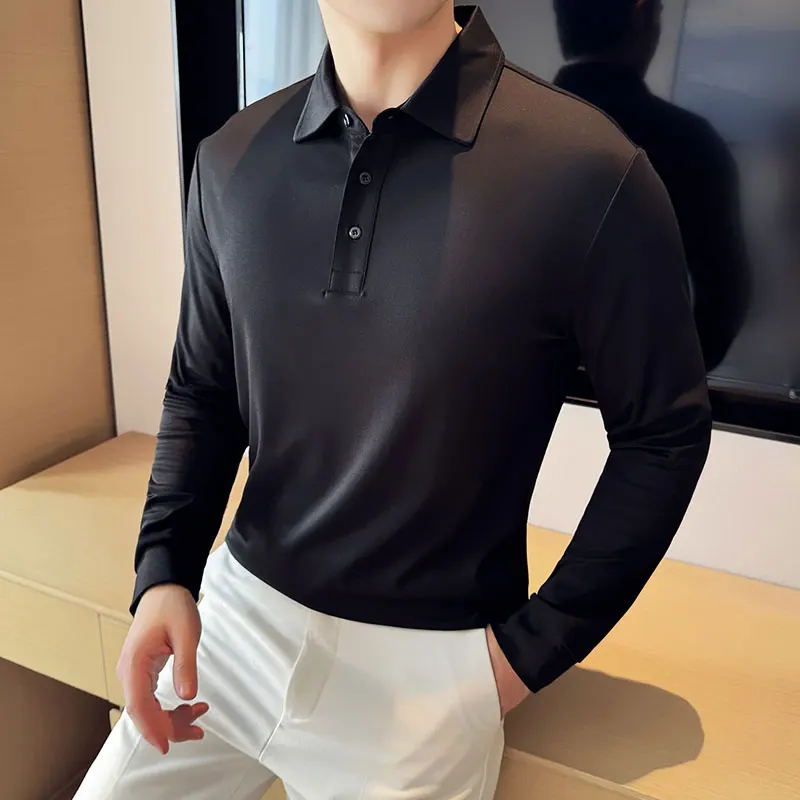 High Quality Autumn Winter Lapel Long Sleeved T-shirt Men's Stretch Casual Polo Shirt Versatile Business Social Tee Tops M-4XL