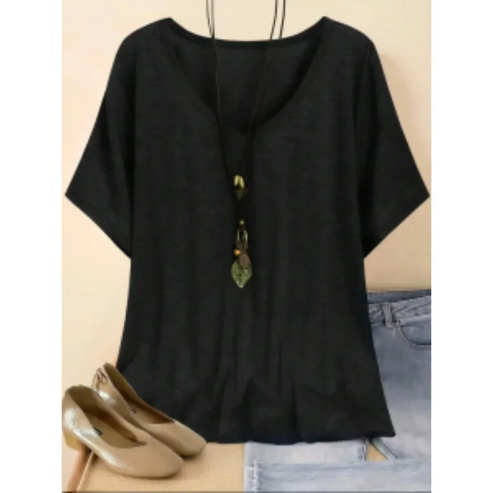 

Plus Size 1Xl-5XL New V-neck T-shirt Ladies Casual V Neck Short Sleeve Loose Summer Short Sleeved T-Shirt