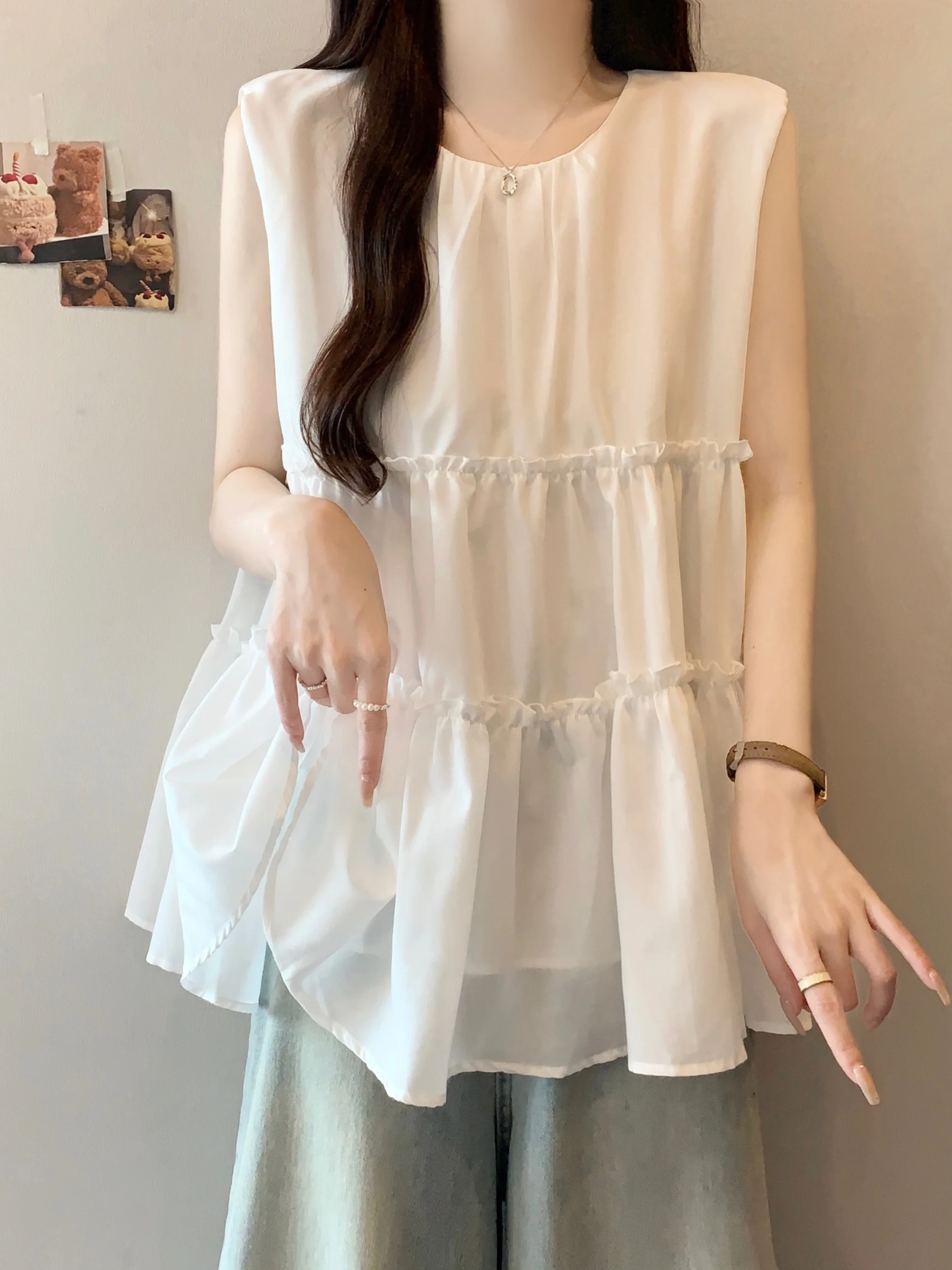 プラスサイズ ホワイトウッド風 フリルベスト レディース 夏用 ラウンドネック ドール風 お腹カバートップ