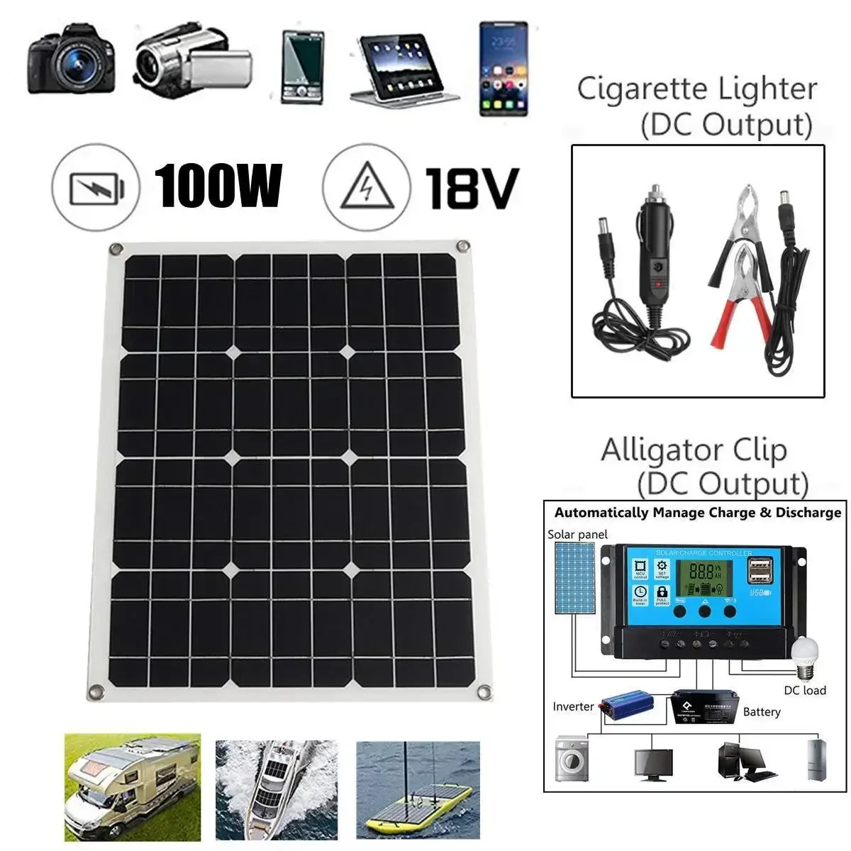 100W 18V Portable Solar Panel 12V/24V Waterproof USB Port Solar Power Solar 5V Battery Charger Outdoor Camping Phone Power Bank