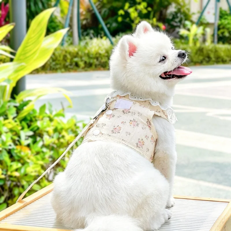 Sweet Lace Dog Harness with Rope Floral Print Pet Plaid Vest Fashion Puppy Jacket Summer Mesh Cat Harness Walking Pet Supplies
