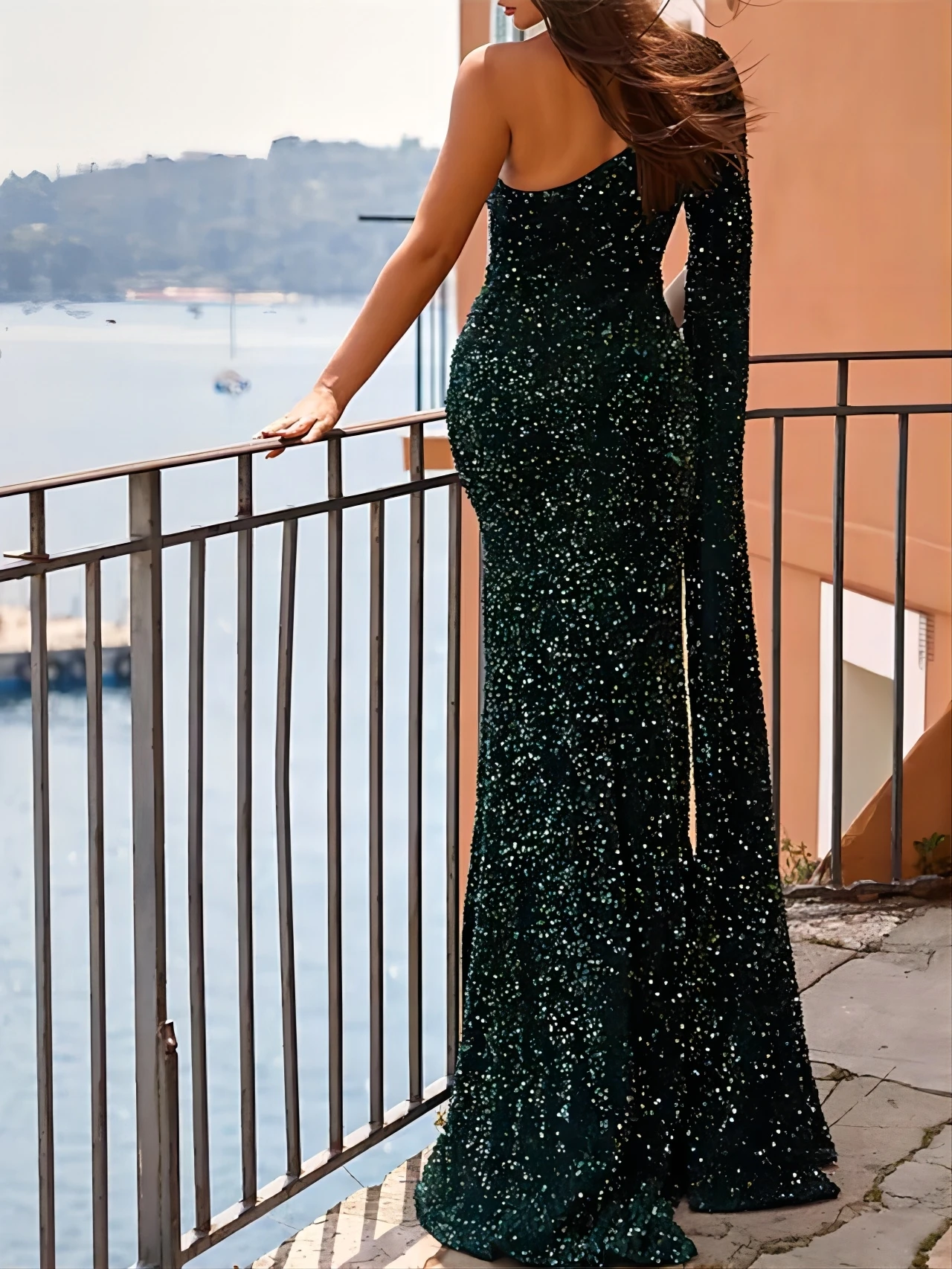 Abito da sera formale a sirena abito a maniche lunghe scintillante con paillettes monospalla con spacco Abendkleider Robes de Soirée per donna 2023