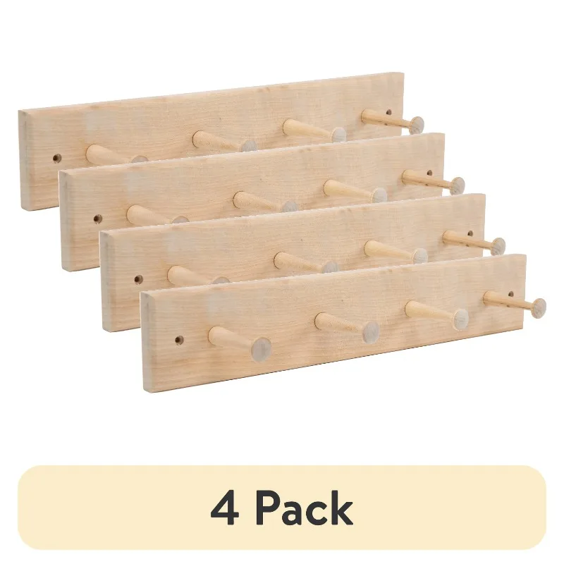 

(4 pack) 18 in. Wall Mounted Unfinished Wood Hook Rack, 4 Pegs