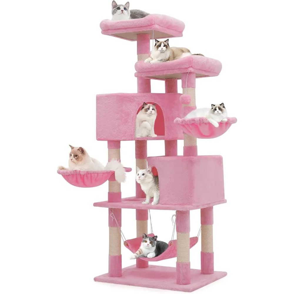 MoNiBloom Cat Tree, 58 Inch Cat Tree Tower with 2 Cat Condo, Cat Tower with Scratching Post, Cat Climbing Tower with 3 Hammock,