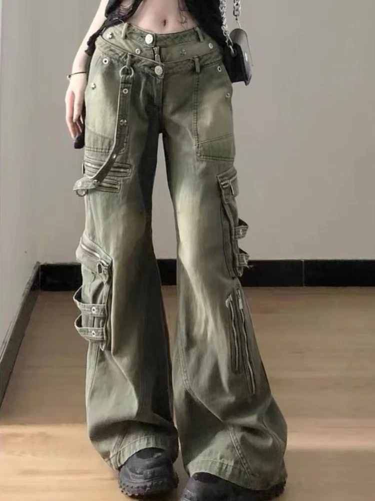 

ADAgirl Zipper Cargo Denim Pants Women Streetwear Hip Hop Retro Loose Pockets Straight Wide Leg Jeans Y2k Causal Female Trousers