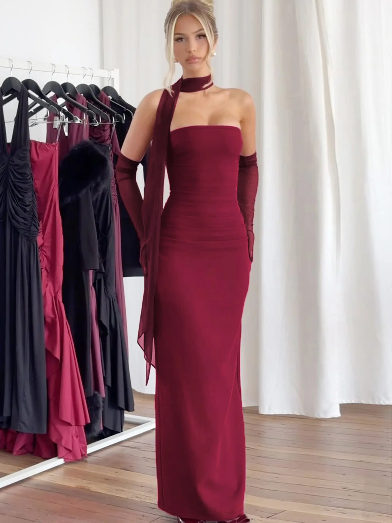 

2025 New Fashionable Elegant Women's Dress with Mesh Sleeves and Off the Shoulder Design for Summer Vintage