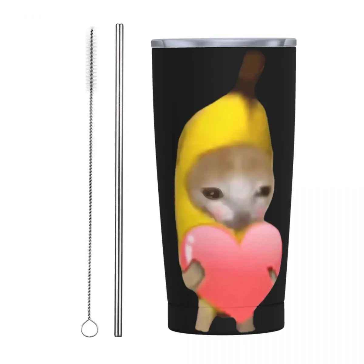 Banana Cat Love Heart Insulated Tumbler with Lid Kawaii Vacuum Thermal Mug Outdoor Travel Thermos Bottle Cups 20oz