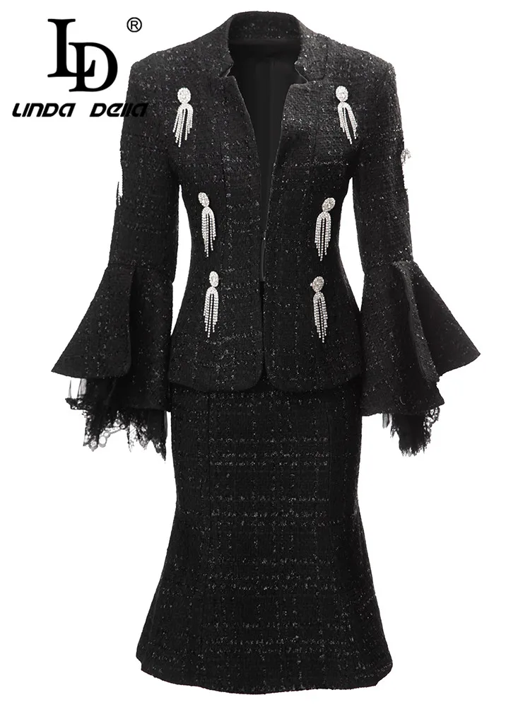 

LD LINDA DELLA 2023 Autumn Fashion Runway Party Set Women Black Flare Long Sleeve Lace Nail Bead Top+Fishtail Skirt 2 Pieces Set