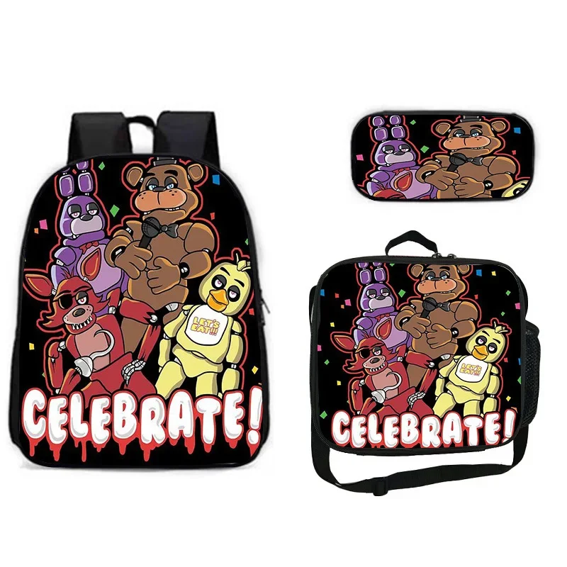 Five Night Freddy Bear Schoolbag Backpack Lunch Bag Pencil Case Set Gift for Kids Students