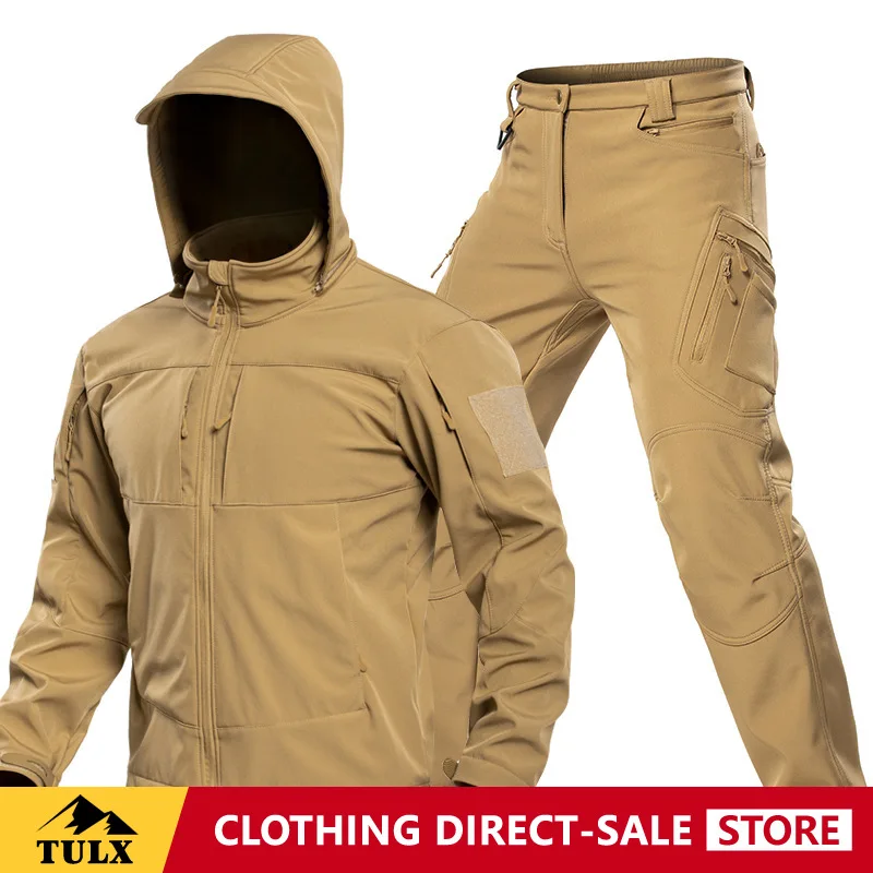Outdoor Shark Skin Soft Shell Assault Suit Men Windproof Military Version Tactical Jacket Winter Plush Thick Mountaineering Suit