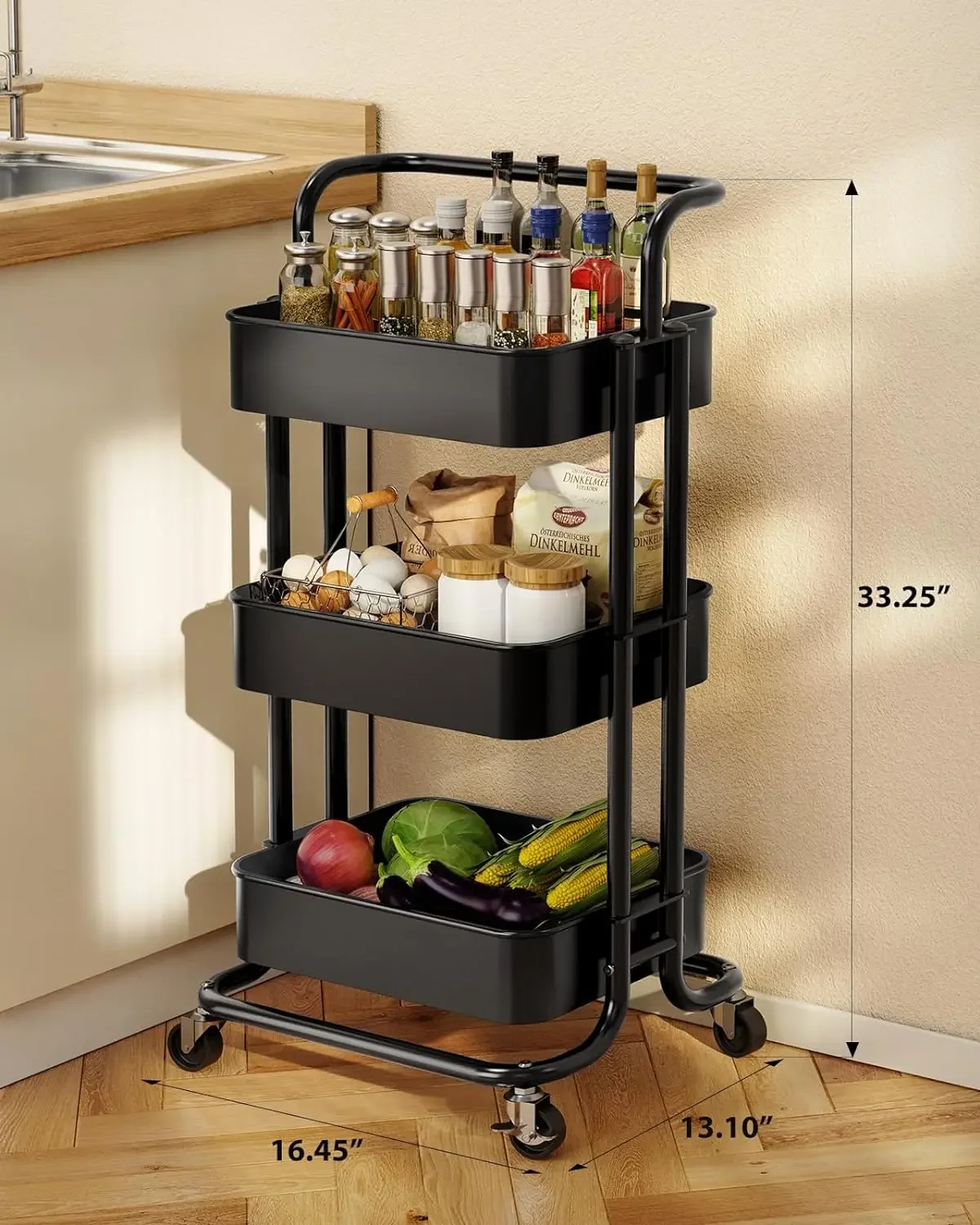 3 Tier Mesh Utility Cart, Rolling Metal Organization Cart with Handle and Lockable Wheels, Multifunctional Storage Shelves