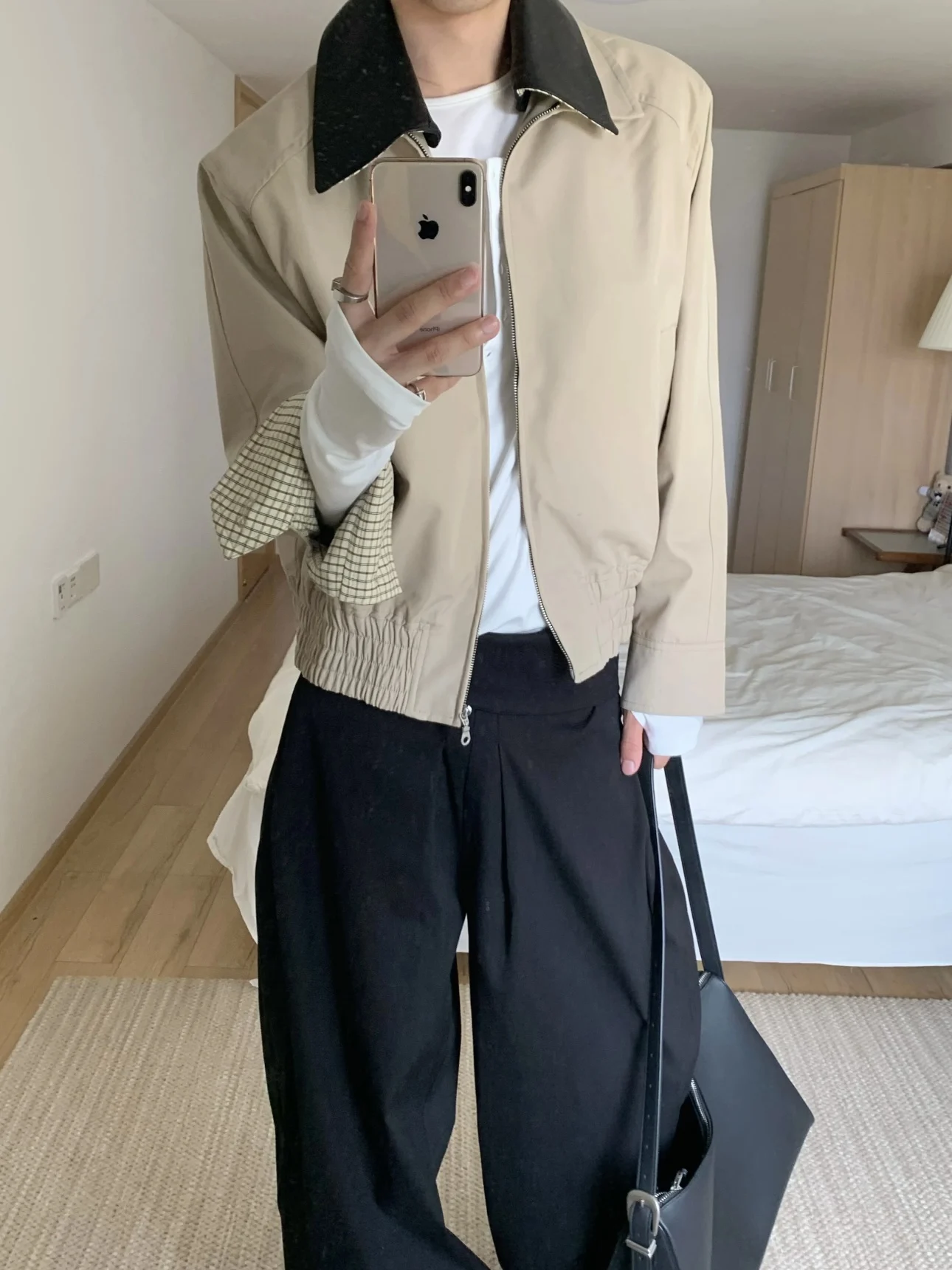 

Retro American Plaid Splicing Detachable Leather Collar Jaet Men's ort Wide Autumn Winter Design Multi-Way Wear Outerwear