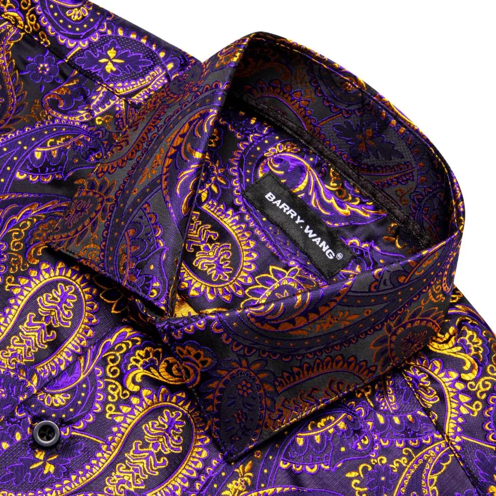 Designer Mens Shirts Silk Long Sleeve Purple Gold Paisley Embroidered Slim Fit Male Blouses Casual Tops Barry Wang