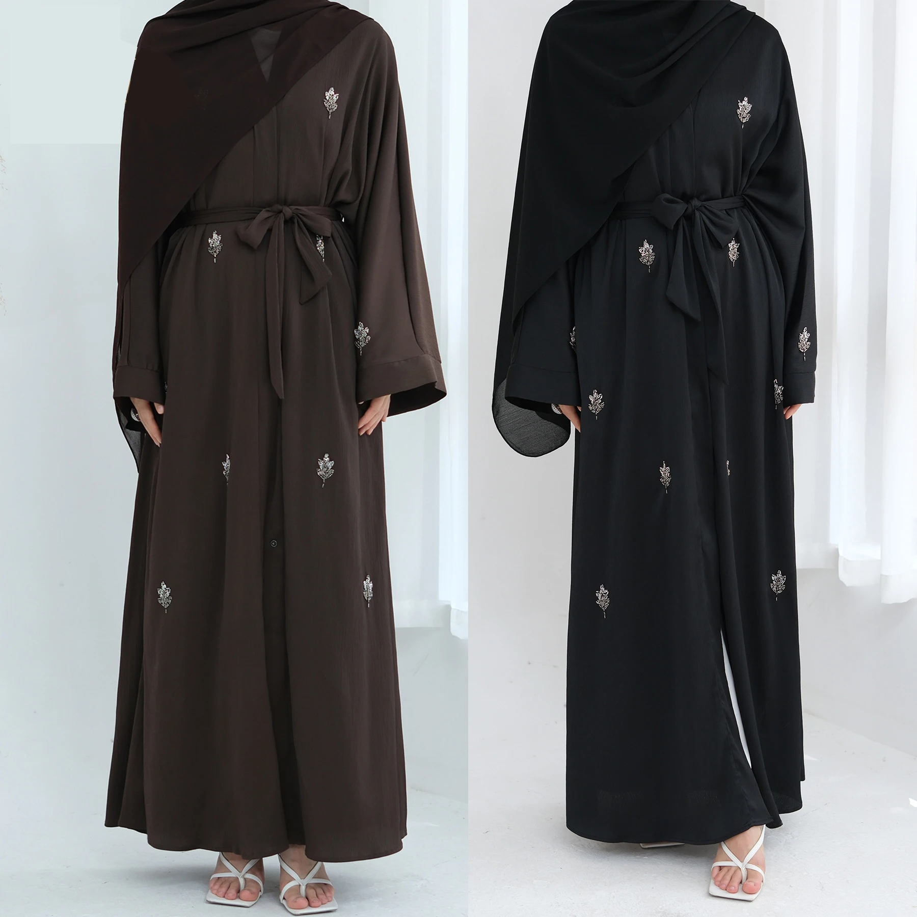 Ramadan ประดับด้วยลูกปัดกิโมโนเปิด Abaya ดูไบ Kaftan ตุรกี Robe Kebaya มุสลิมชุดยาว Eid อิสลาม Jalabiya Caftan Femme ชุด