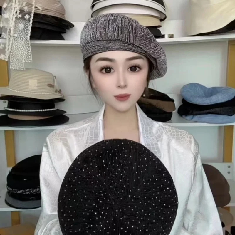 European Shiny Niche Beret Hat for Women K-Style Versatile Ins Fashion Casual High-End Sequined Elegant Painter Hat Youth Beauty Starry Fashion Hat