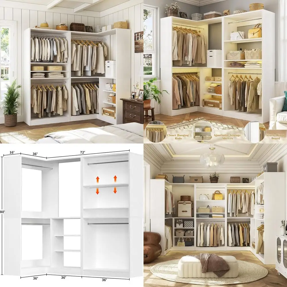

72 L-Shaped Heavy Duty Wood Closet Organizer with 4 Hanging Rods and Shelves, White