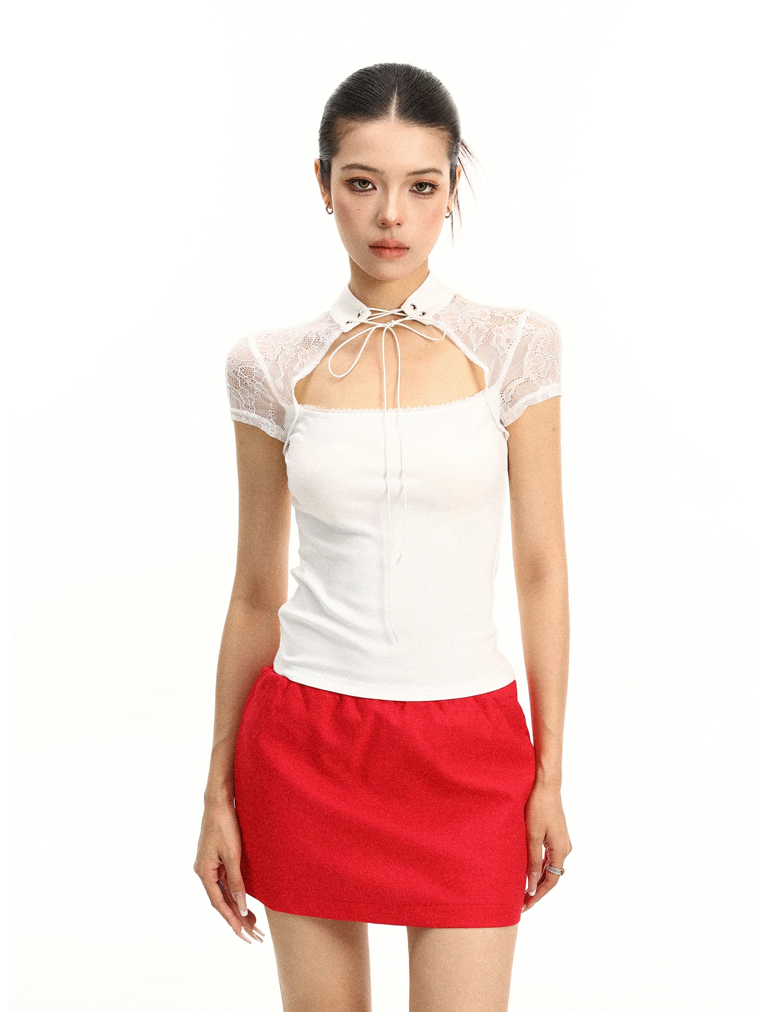 

Spicy Girl Lace Patchwork Short Sleeve T-Shirt Women Summer Pure Desire Slimming Short Style Stand Collar Tie Dye Top