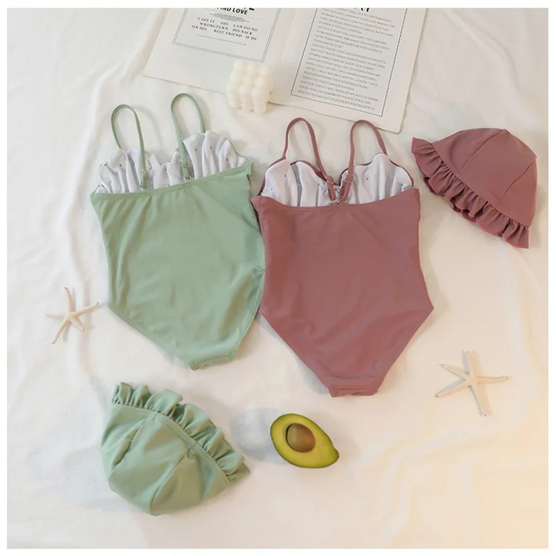 

Girls' Swimsuit Children's Summer and Spring Fashion Solid Color Kids Outwear Comfortable Swim Wear Clothes and Hat