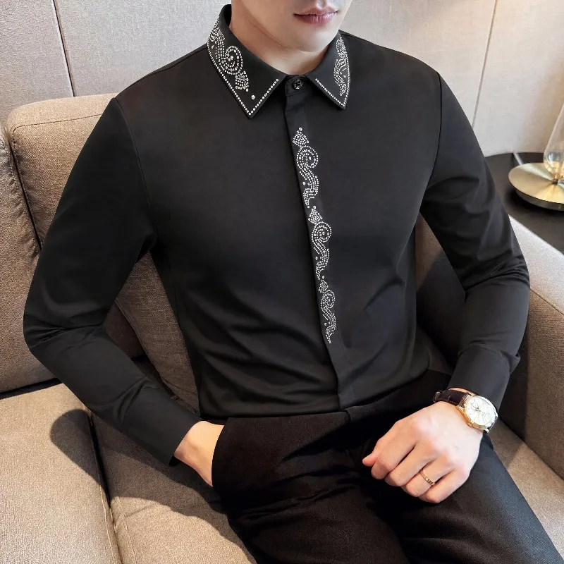 2026 Autumn Rhinestone Long Sleeved Seamless Business Shirt Men High-quality Slim Fit Casual Social Shirts Streetwear Blouse