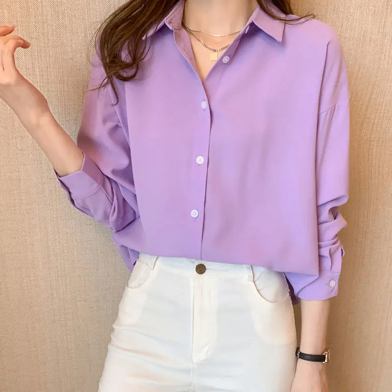 Spring Autumn Loose Large Size Solid Chiffon Women's Korean Casual Style Ins Hong Kong Style Long-sleeved Shirt Bottoming Shirt